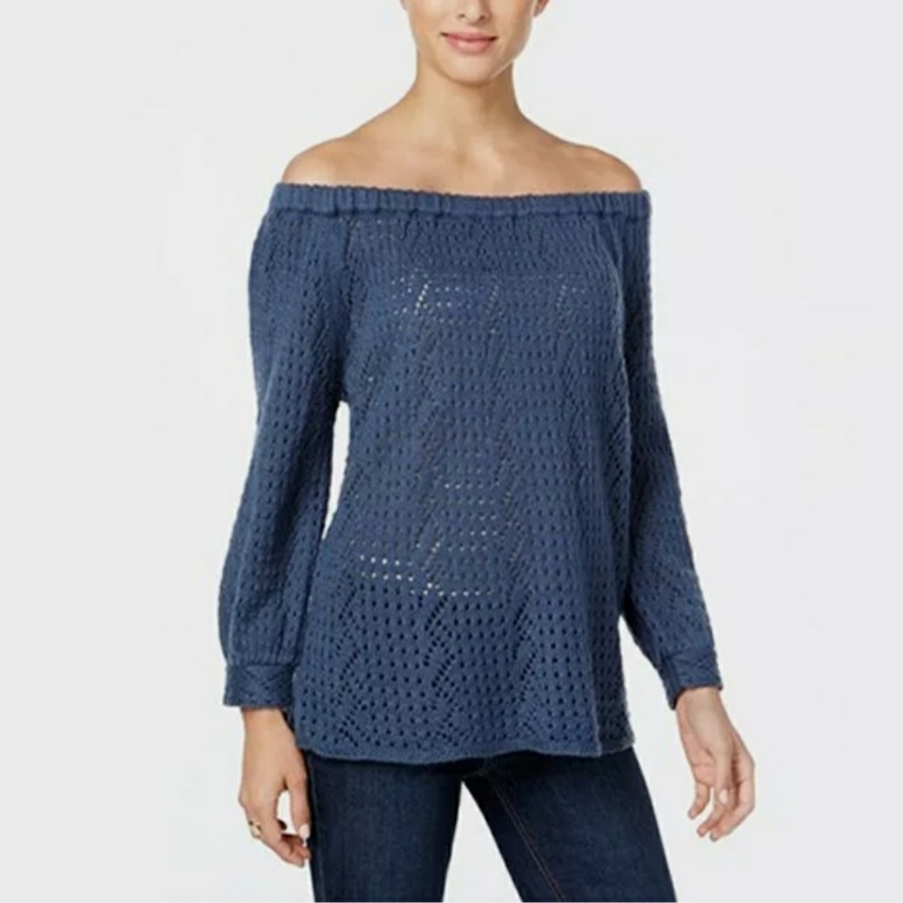 Style & Co Blue Knit Sweater XL Small Off The Shoulder New